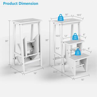 WELLFOR 3-In-1 3-Step Rubber Wood Folding Step Stool 200 lbs. with Convenient Handle in White JV10235-HGY-WH