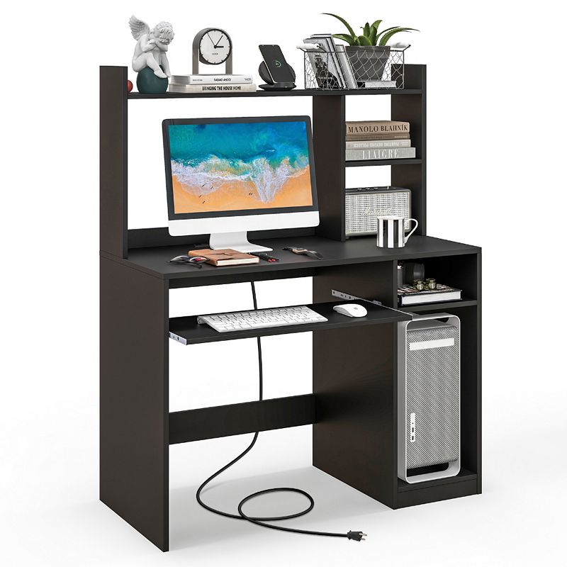 Home Office Computer Desk with Bookcase Keyboard Tray and CPU Stand