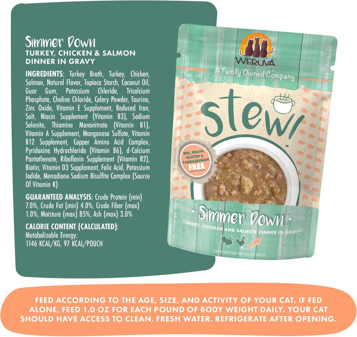 Weruva Classic Cat Simmer Down Turkey， Chicken and Salmon in Gravy Stew Cat Food Pouches