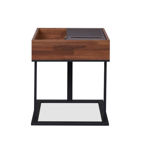 End Table in Espresso，Crafted with walnut veneer and sandy black metal Black Metal Tube Powder Coating 2 Top Compartments