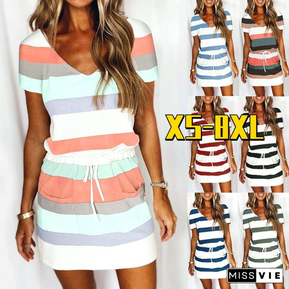 Xs-8Xl Summer Dresses Plus Size Fashion Clothes Women's Casual Short Sleeve T-Shirt Dresses Striped Printed Party Wear Mini Dress Ladies V-Neck Lace Up Pocket Dress Beach Wear Cotton Blending Loose Short Dress