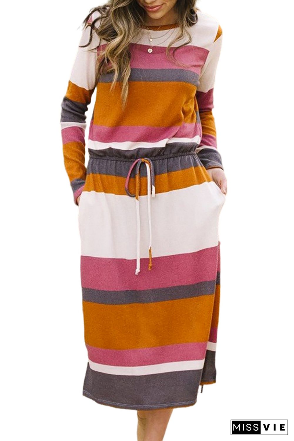 Red Multicolor Block Drawstring Waist Long Sleeve Midi Dress