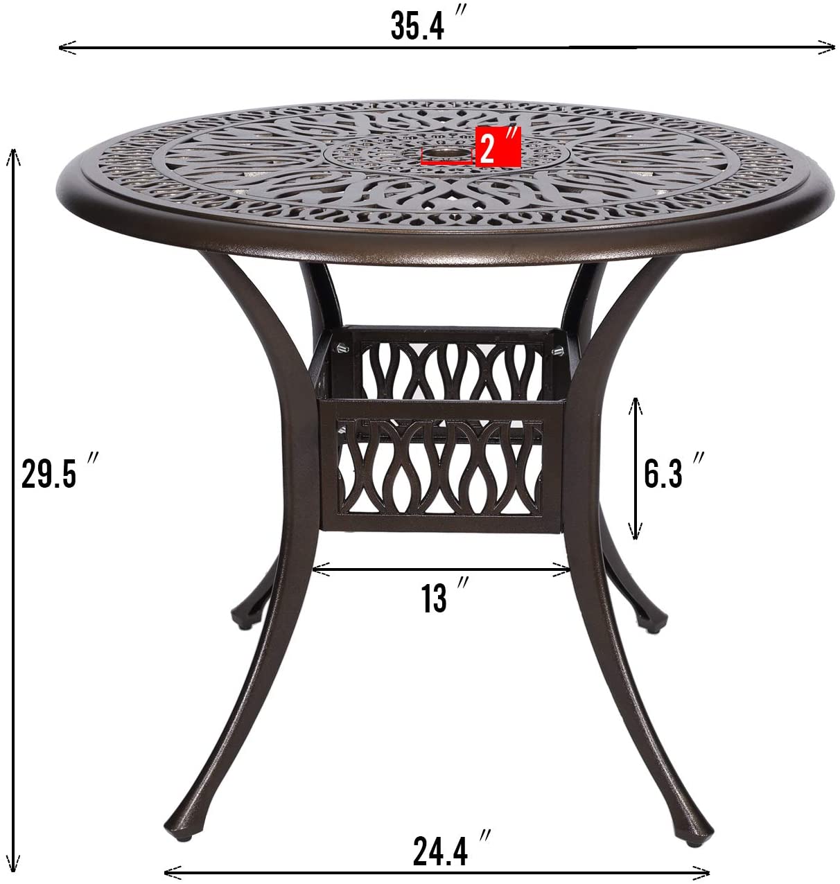 FULLWATT 35-inch Cast Aluminum Outdoor Dining Table Bronze Finish Outdoor Furniture Garden Table with 2" Umbrella Hole (35-inch)