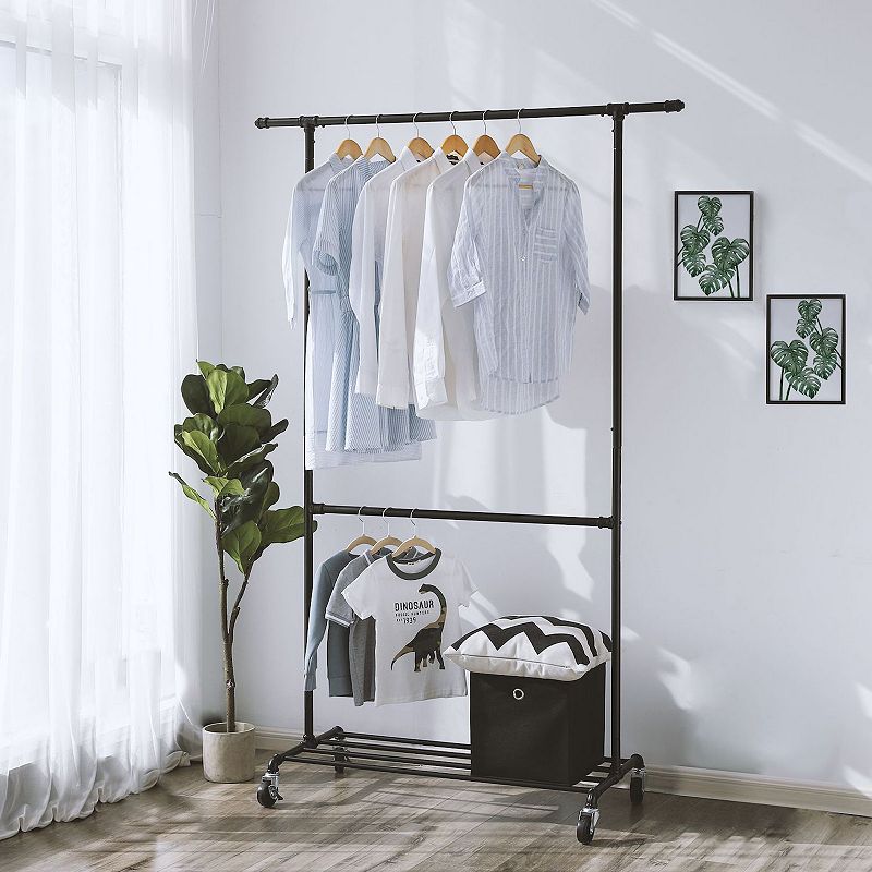 Double Hanging Rod Metal Clothing Rack， Industrial Style Clothes Garment Rack on Wheels