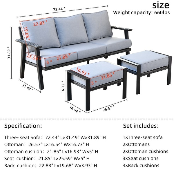 OVIOS Outdoor 3piece Wicker Sectional Sofa Set With Ottoman Steel Frame