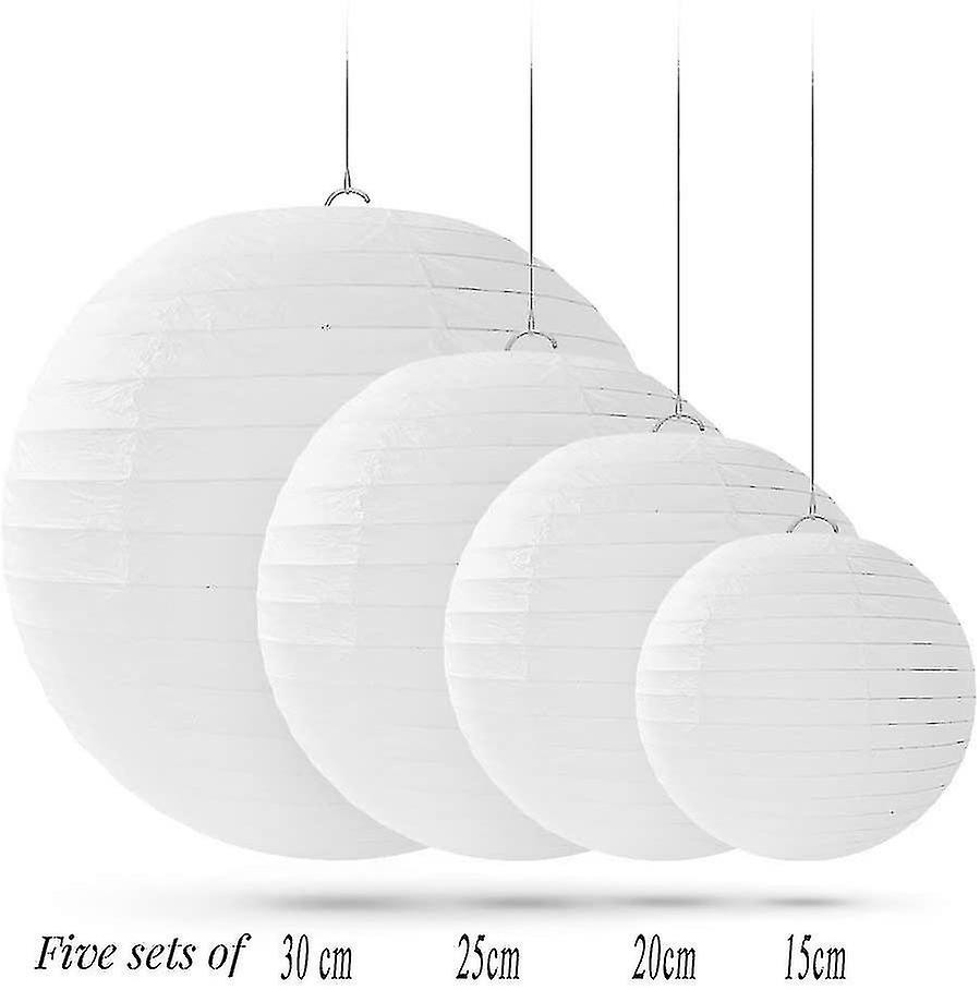 20 Pcs White Round Paper Lanterns With Wire Ribbing， Different Sized