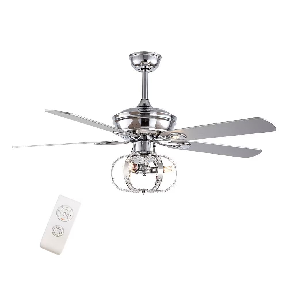 Modern 5 Blades Ceiling Fan Light with Remote Control， 3-Light Silvertone Reversible Chandelier Fan with 3 Speeds Changing 52 inch