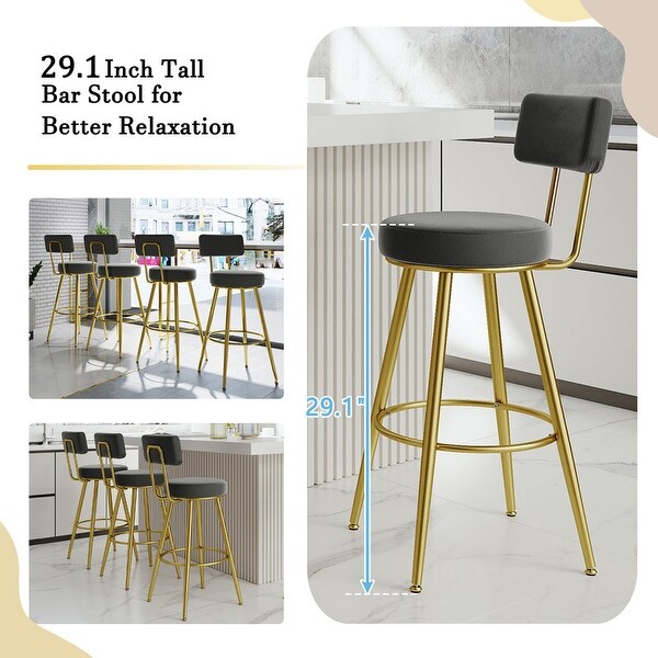 Modern Velvet Upholstered Bar Stools with Back， Set of 4