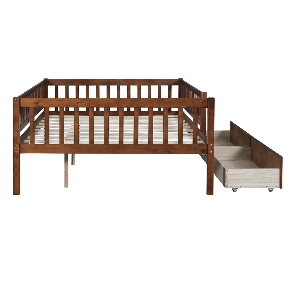 Full Size Daybed with 2 Drawers and Fence Guardrails  Sturdy Pine Wood Sofa Bedframe for Maximized Space and Comfort  Walnut