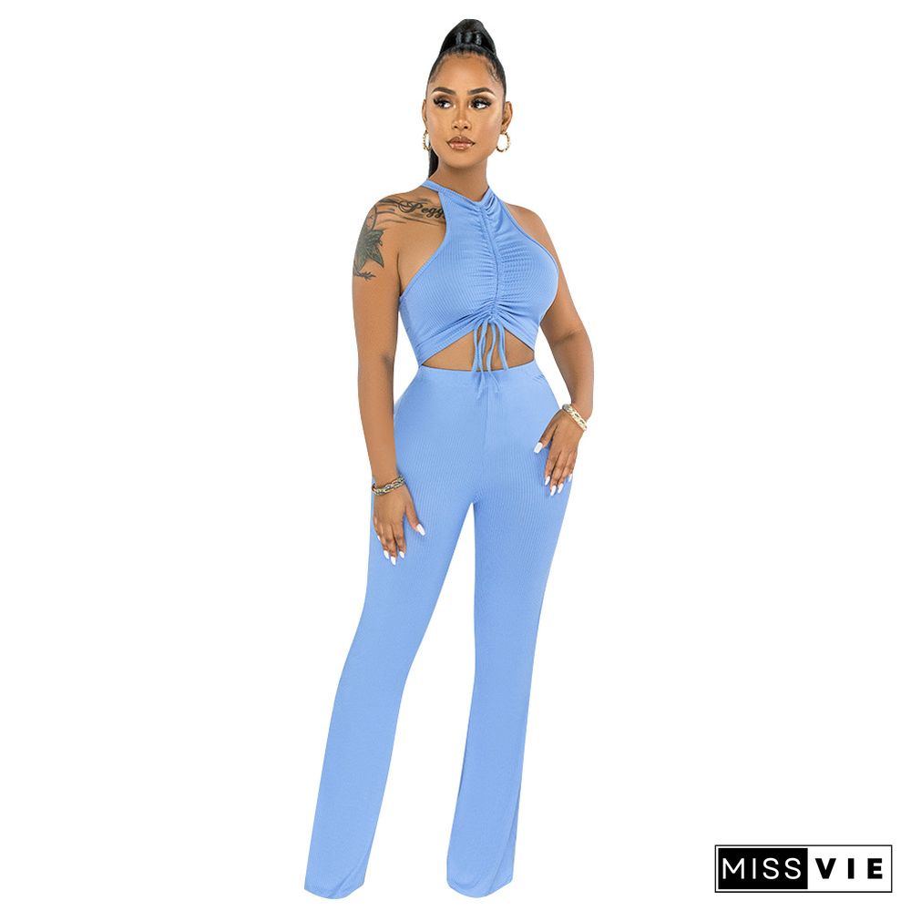 Solid Bandage Sleeveless Crop Top Flare Pants Set