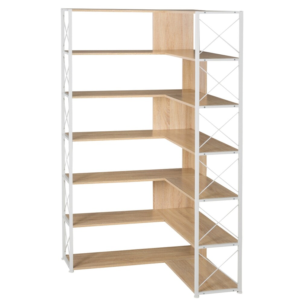 7 Tier Bookcase Corner Bookshelf  L Shaped Plant Stand with Metal Frame  Industrial Style Display Shelf