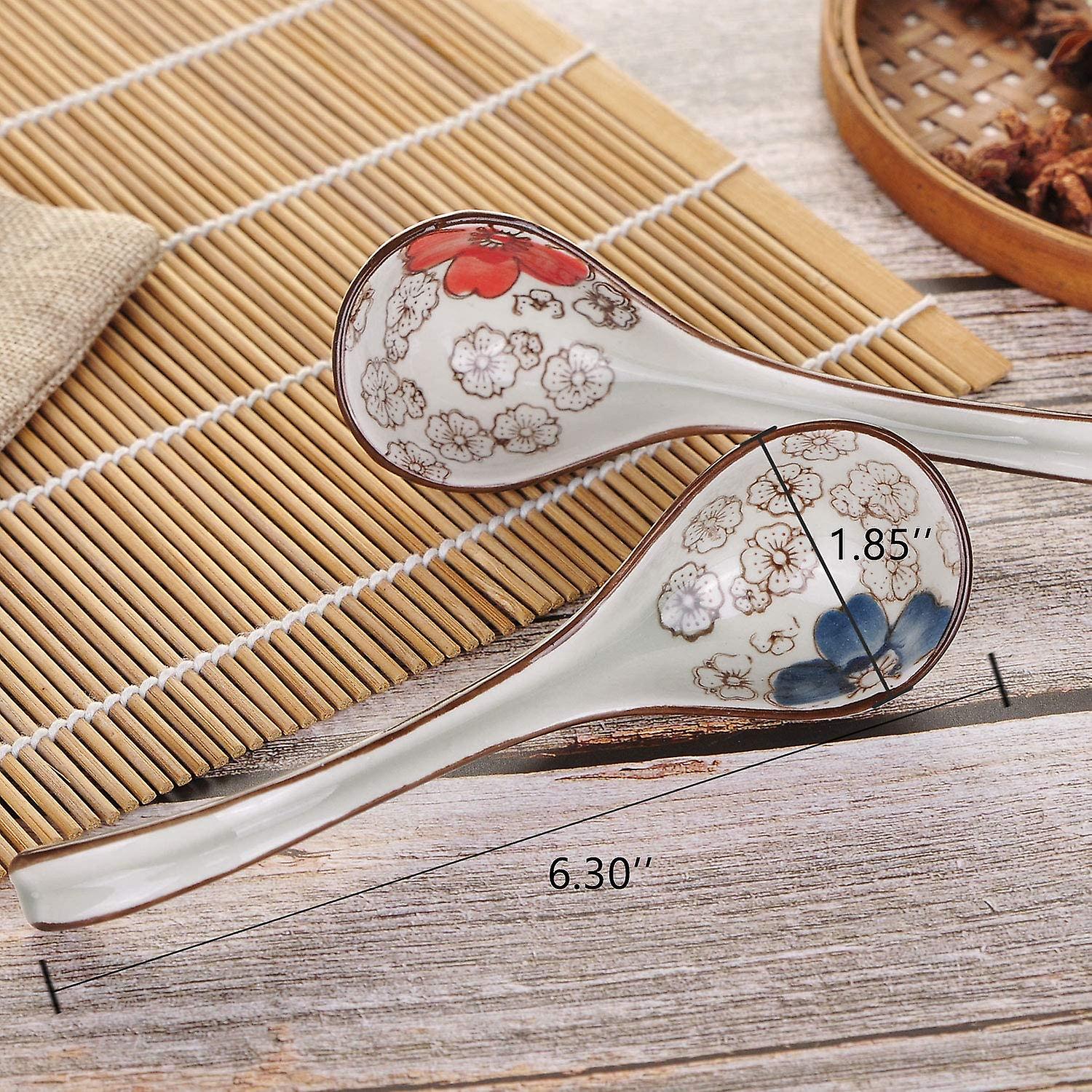 Set Of 4 Chinese/japanese Ceramic Soup Spoons， Vintage Hand Painted Floral Pattern Ceramic Spoon