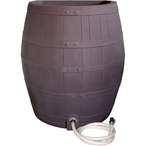 Rescue 50-Gallon Whiskey Rain Barrel – Includes Planter， Rain Water Diverter， Outlet Hose – Flatback Design – Brown