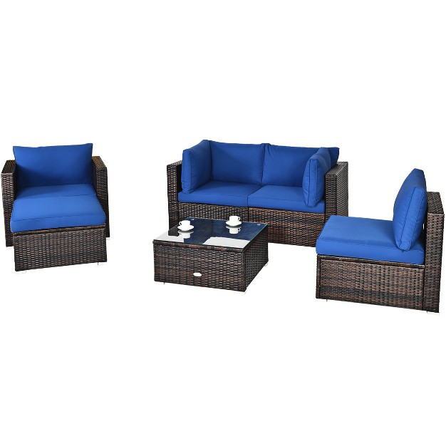 Tangkula 6pcs Rattan Patio Furniture Set Cushioned Sofa Chair Ottoman Turquoise red navy black white