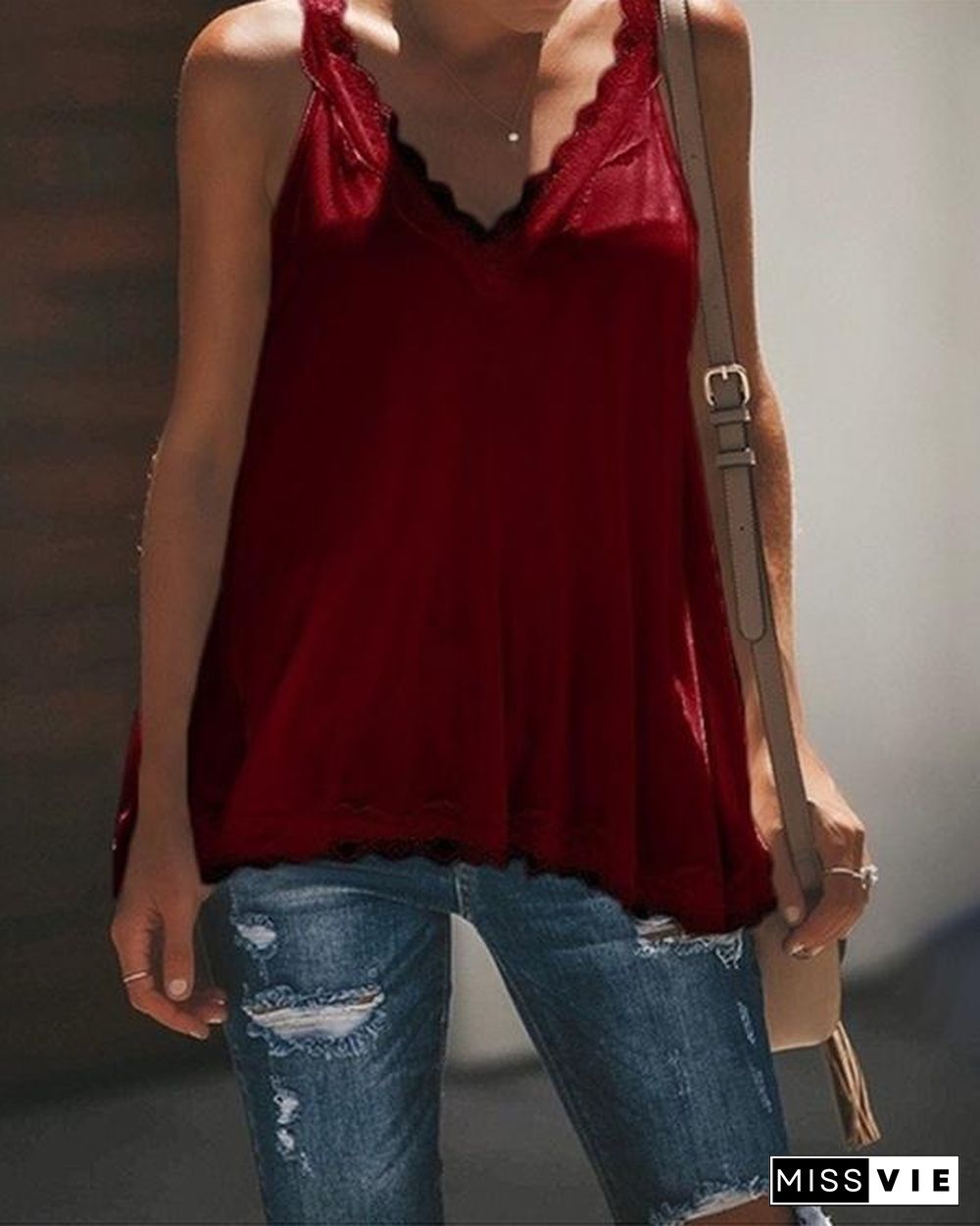 Women Casual  V Neck Paneled Spaghetti Solid Sexy Camis Tops