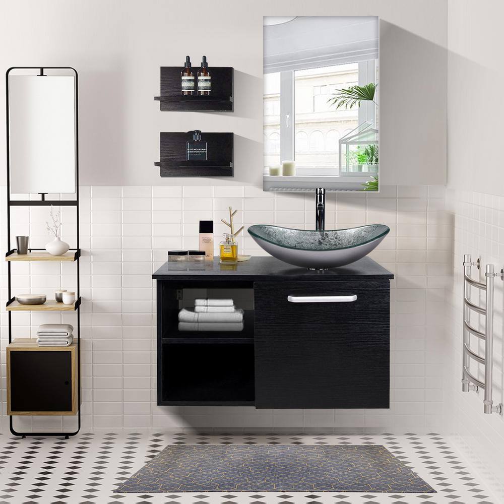 Puluomis 28 in. W x 19 in. D x 28 in. H Single Sink Bath Vanity in Black with Black Solid Surface Top and Mirror USBA20079+USGB0005-SI