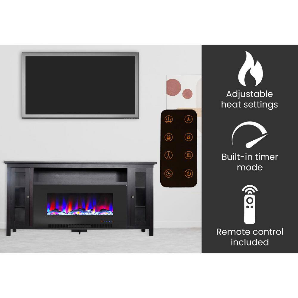 Hanover Brighton 69.7 in. Freestanding Electric Fireplace TV Stand in Dark Coffee with Driftwood Log Display FS6938-2BCF