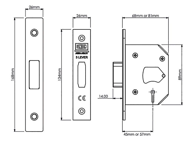 UNION StrongBOLT 2103S 3 Lever Mortice Deadlock Polished Brass 81mm 3