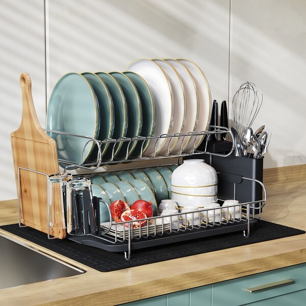 2 Tier Kitchen Stainless Steel Dish Rack with Cutlery Holder and Drainboard