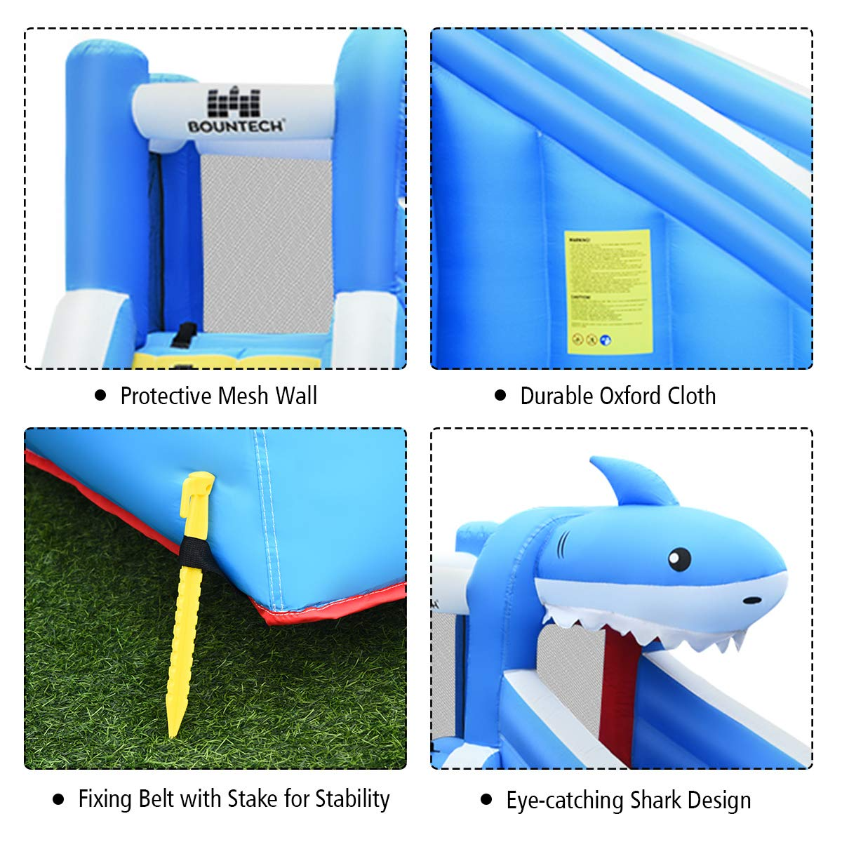 BOUNTECH 4 Kids Shark Themed Mighty Backyard Inflatable Water Slide w/ Climbing Wall