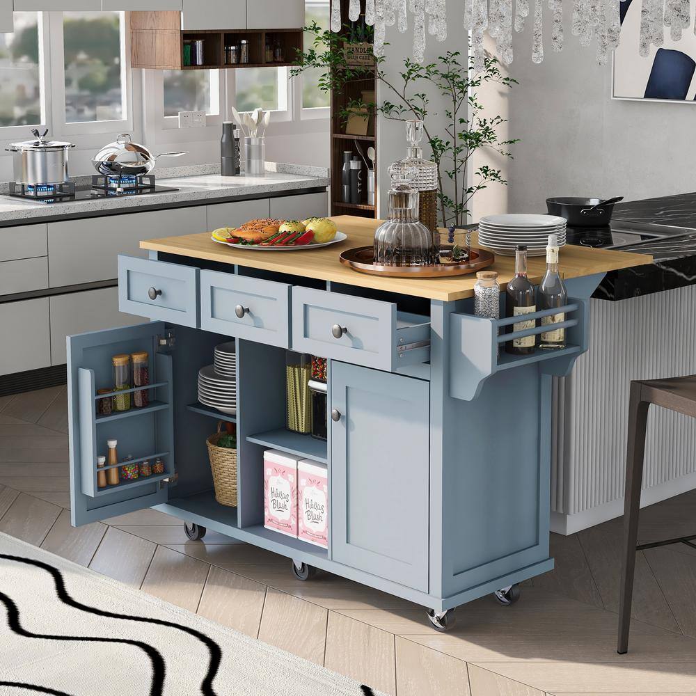 Blue Solid Wood Desktop 53 in. W Kitchen Island on 5 Wheels with Adjustable Shelves and 3 Drawers VJ056KIsland41