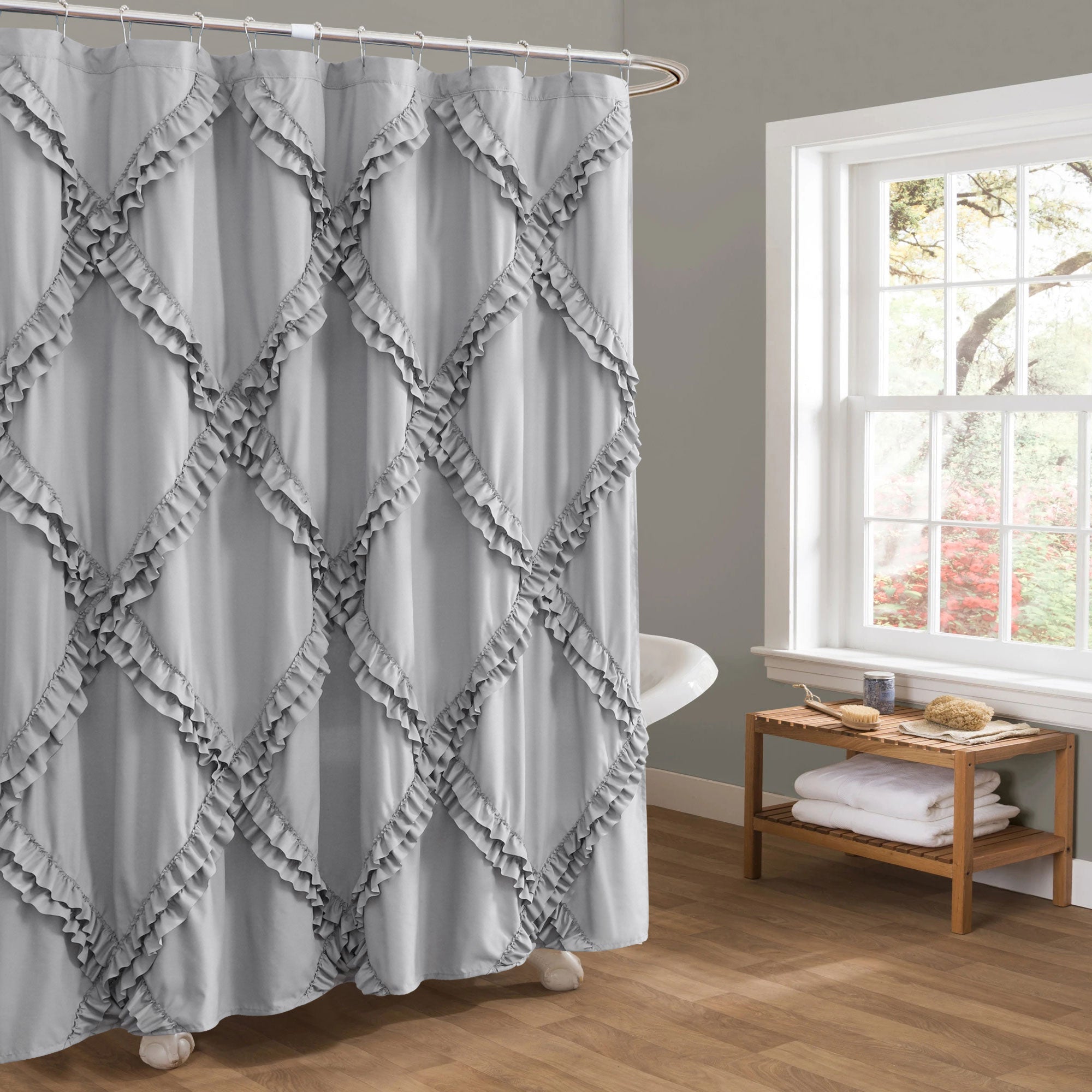 HIG Luxurious Farmhouse Unique Ruffle Cloth Fabric Shower Curtain 72x72 Extra Long Bathroom Curtain