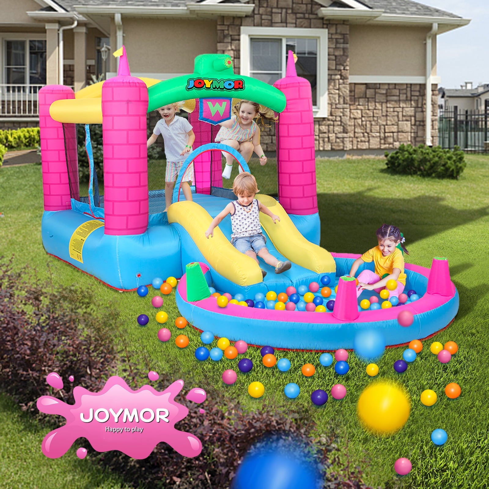 JOYMOR Bounce House Inflatable Jumping Castle Splash Pool, Water Slide Bouncer Indoor/Outdoor Playhouse Party Gift for Kids Age 3-8 w/ Air Blower ( Tank )