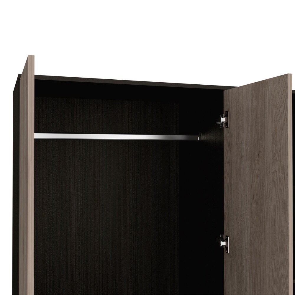 Gangi 120 Mirrored Armoire with 2 Cabinets  2 Drawers  Metal Rod  and 4 Shelves  Black / Light Gray