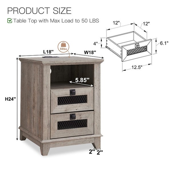 Nightstand with Charging Station，OKD 18'' Industrial and Farmhouse End Table with 2 Drawers and Open Cubby