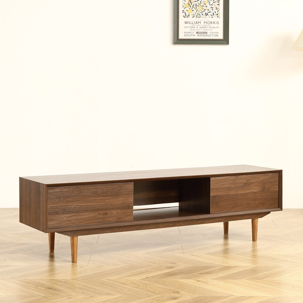 Stylish 45° Pointed Walnut Finish Media TV Stands with Spacious Storage Compartments and Shelves for Living Room