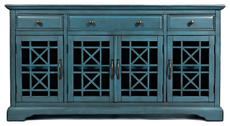 Koi 60 Inch Wood TV Media Entertainment Center  Crossed Design  Antique Blue   Transitional   Entertainment Centers And Tv Stands   by Homesquare  Houzz