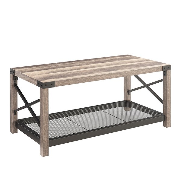 2-Tier Coffee Table Table with Mesh Shelf and Steel Frame