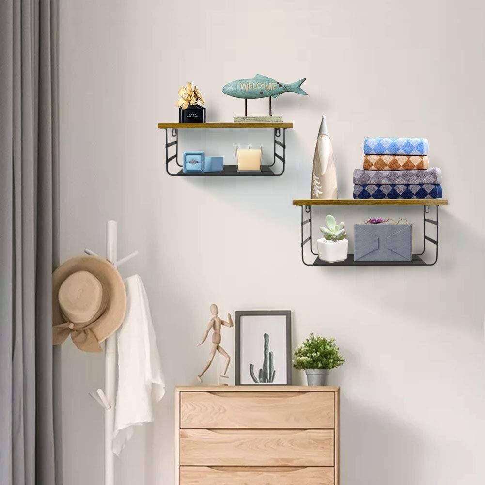 2 Tier Floating Wall Shelves Set of 2, Rustic Black Metal Shelf for Bathroom, Bedroom, Living Room, Laundry Room, Kitchen