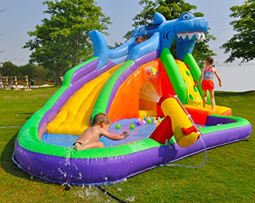 BESTPARTY Inflatable Kids Water Shark Slide, Pool Water Slide for Toddler, Bouncy Jumper, Splash Park for Outdoor Fun with Blower