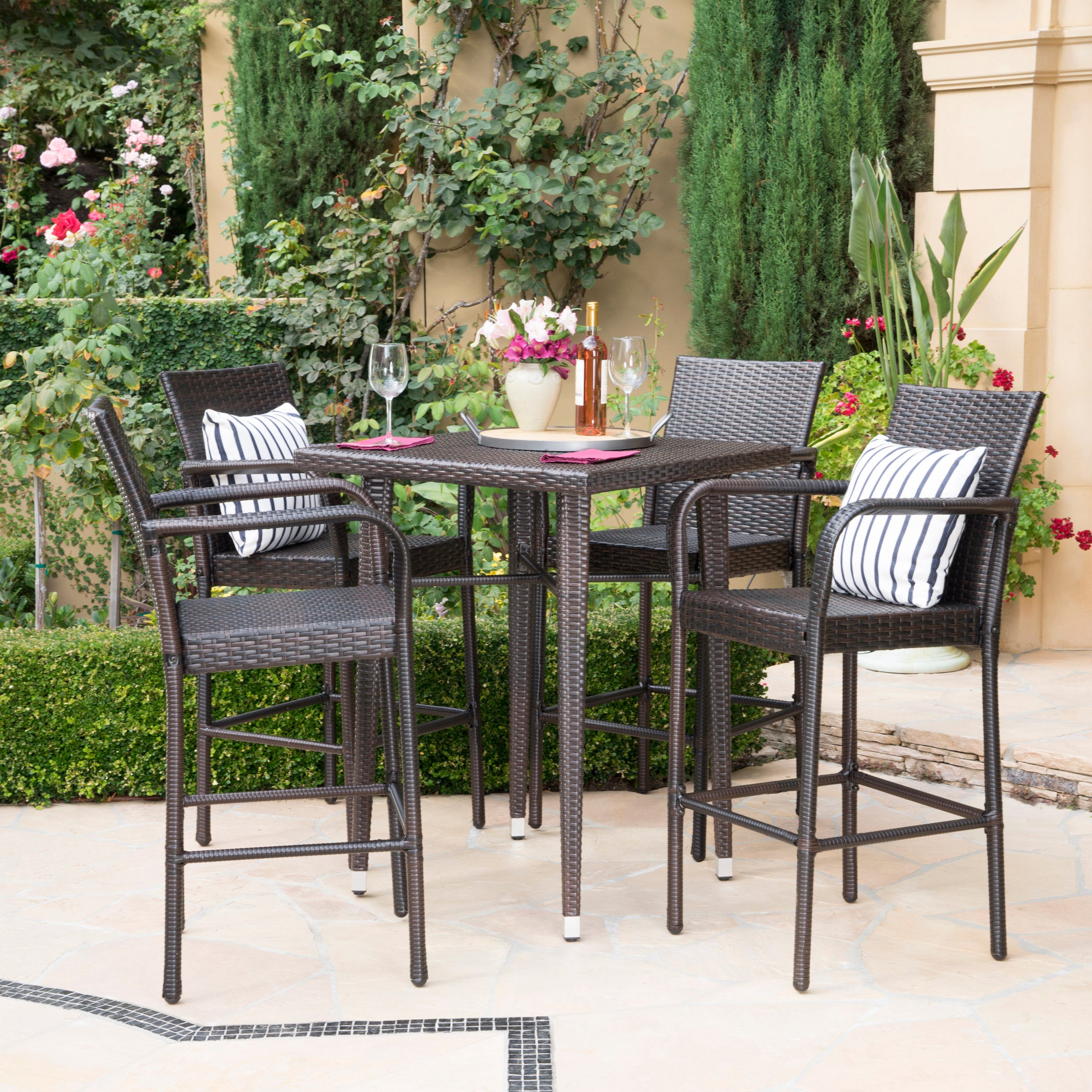 Valkyrien Outdoor 5 Piece Multi-brown Wicker Square Bar Table Set