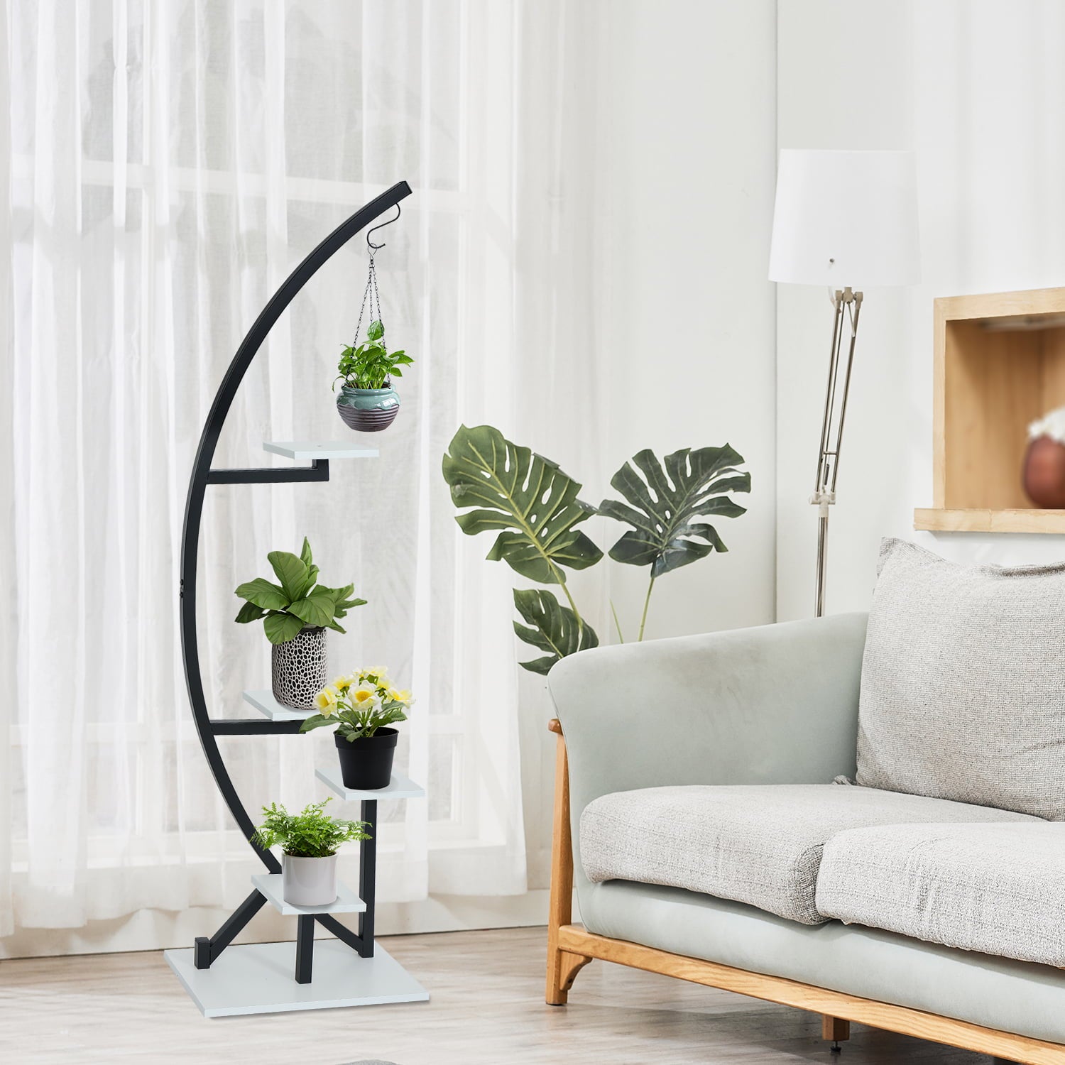 ELECWISH Large Plant Stand Indoor Plant Shelf Stand Half Moon Plant Stands Multi-Purpose Curved Metal Display Rack for Living Room, Garden, Patio(Black White 2 Pack)