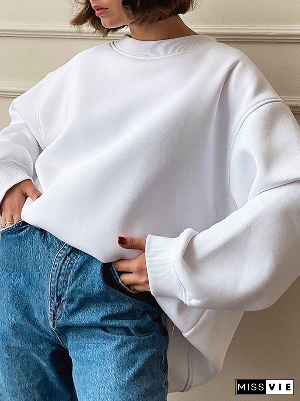 Long Sleeves Loose Solid Color Round-Neck Sweatshirt Tops