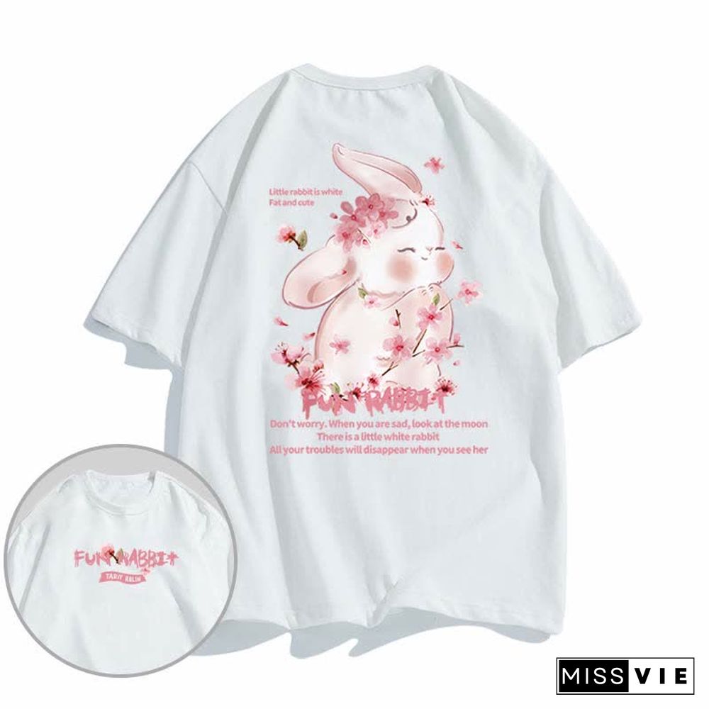 Cartoon Sakura Bunny Letter Print Round Collar T-Shirt