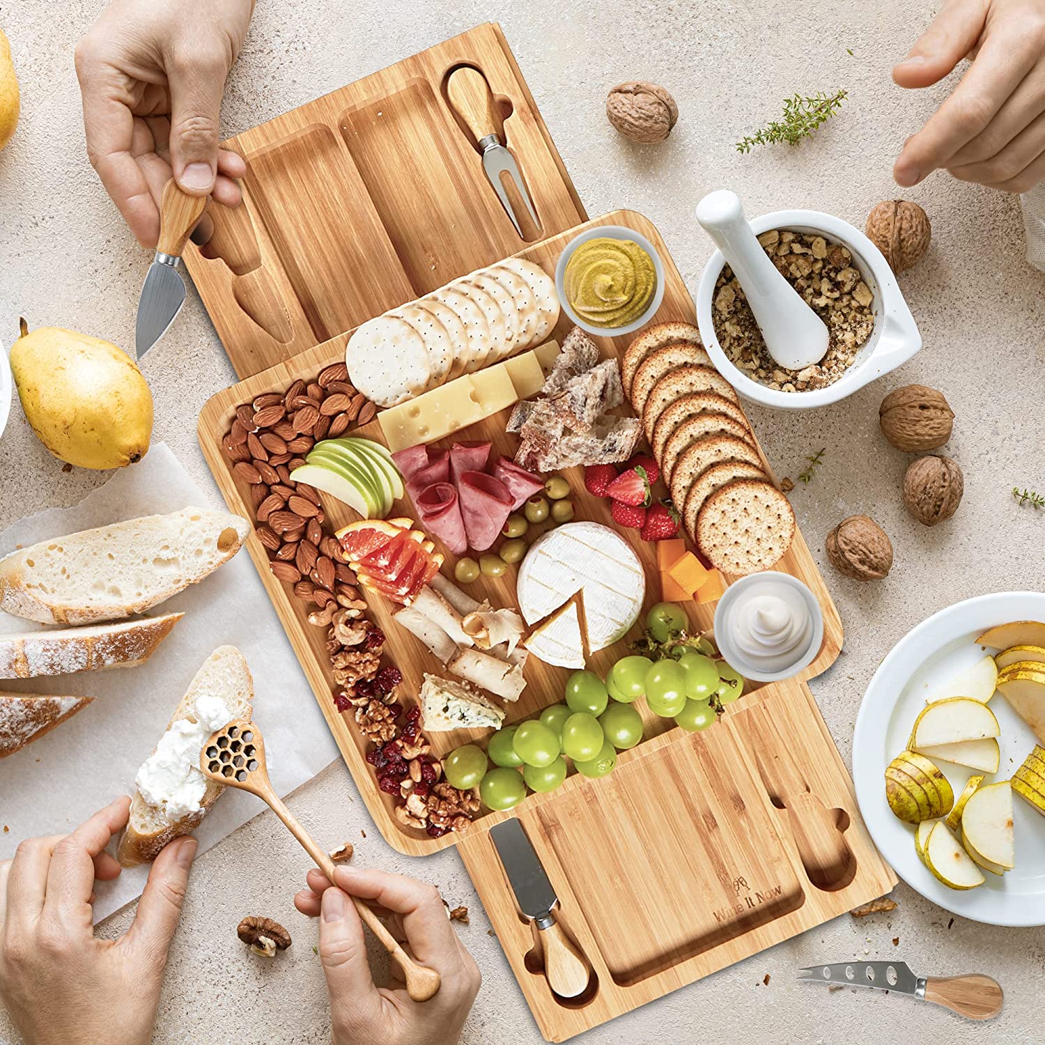 Wine It Now Bamboo Charcuterie Board Set with Slide-Out Drawers and Tools