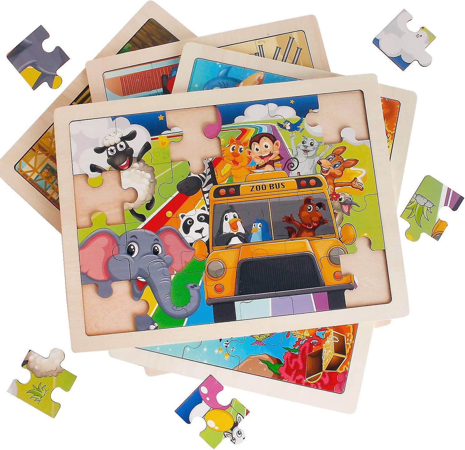 4 Packs 24 Pcs Jigsaw Puzzles For Kids Preschool Educational Brain Teaser Boards Toys Animal Zoo Bus Marine World Construction Sites Children Enlighte