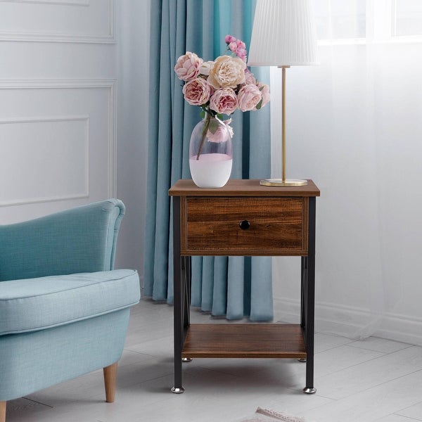 Nightstand with Drawer and Open Storage Shelves， Bedside End Table for Bedroom Living Room