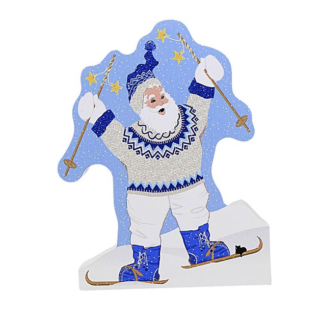 Cat x27 s Meow Village Skiing Santa One Figurine 5 75 Inches 2023 Annual Santa Figurine 23601 Wood Blue