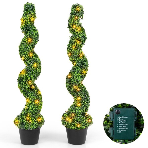 PreLit Artificial Boxwood Spiral Topiary Tree Set of 2 with 100 LED Lights for Indoor Outdoor Decor