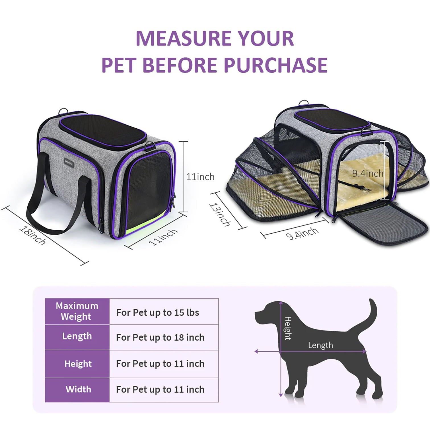 Semiocthome Expandable Foldable Pet Carrier Bag， Airline Approved，Purple