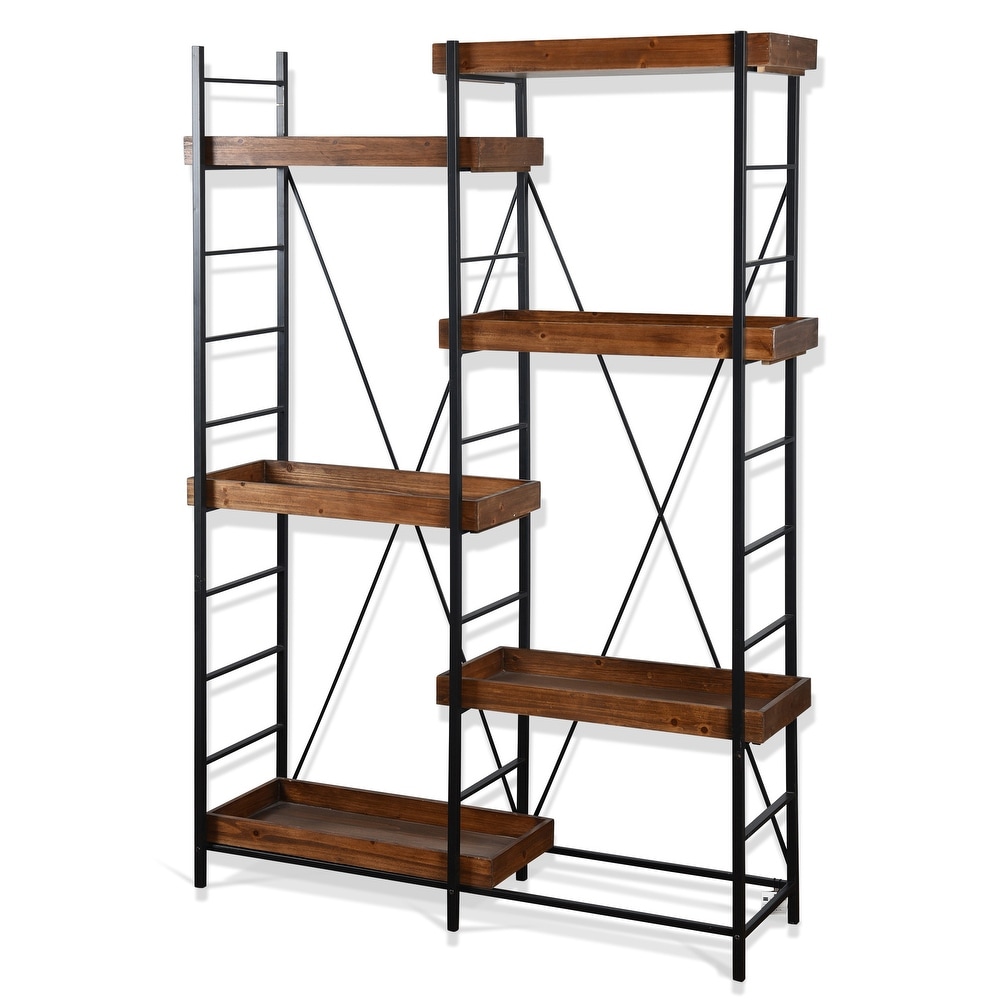 StyleCraft Tri Industrial Black Metal and Mahogany Wood Bookcase