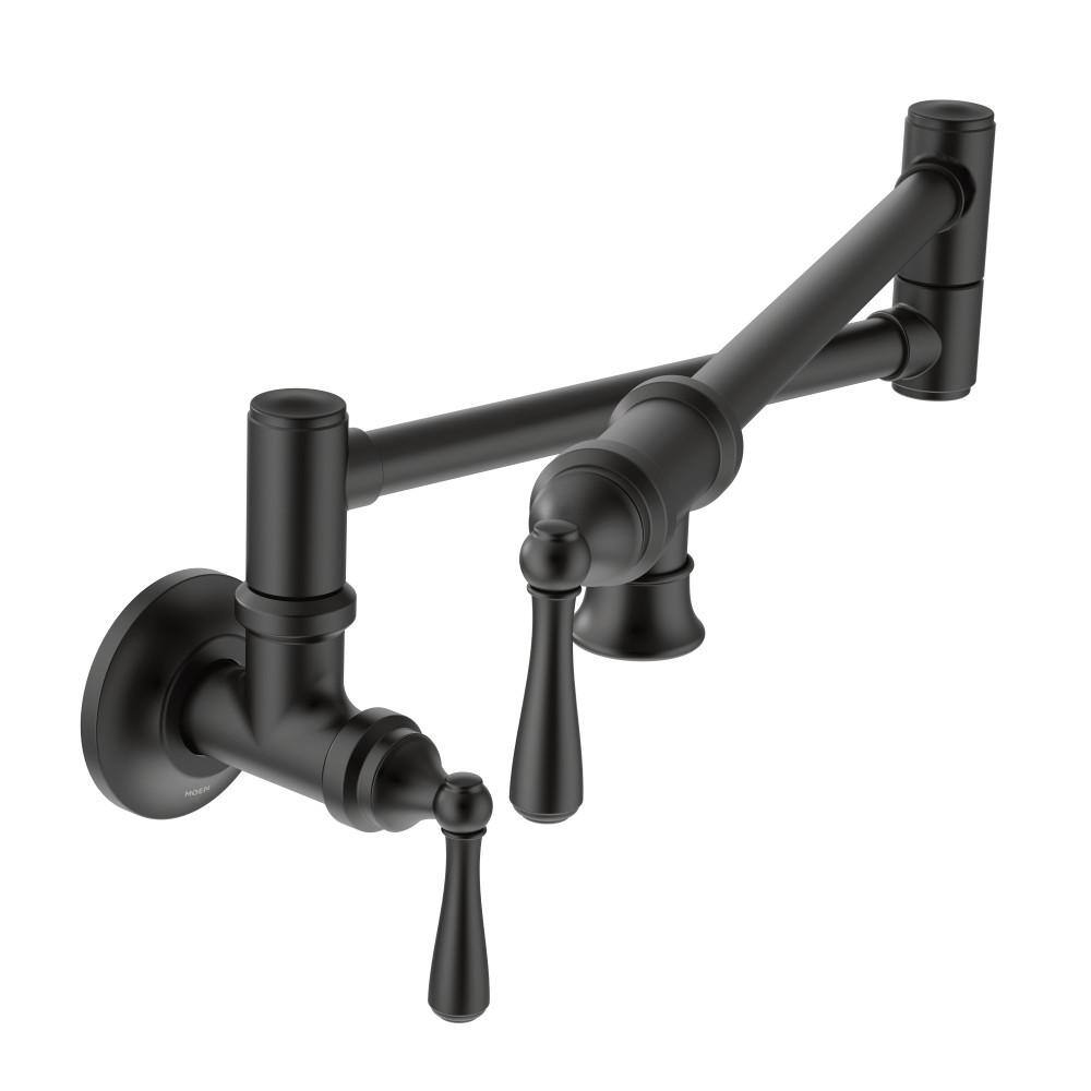 MOEN Traditional Wall Mount Pot Filler with Swing Arm in Matte Black S664BL