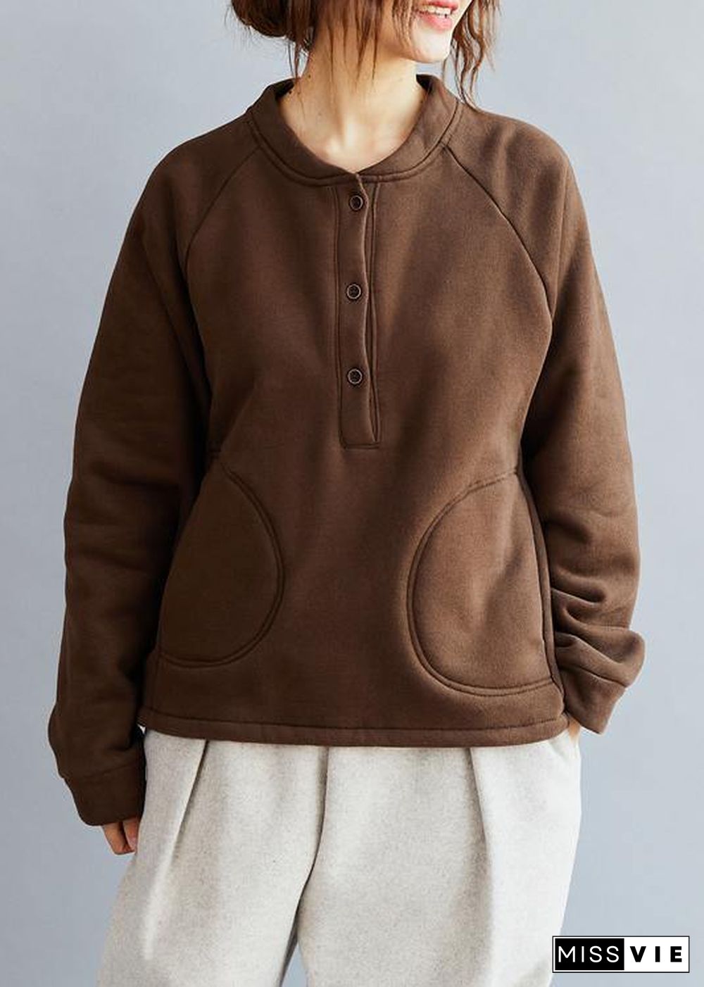 Natural O Neck  Cotton Loose Clothes Work Brown  Blouse