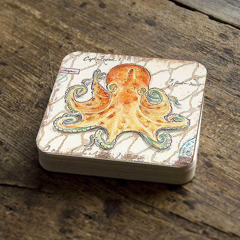 Octopus Coastal Wooden Cork Coasters Gift Set of 4 by Nature Wonders