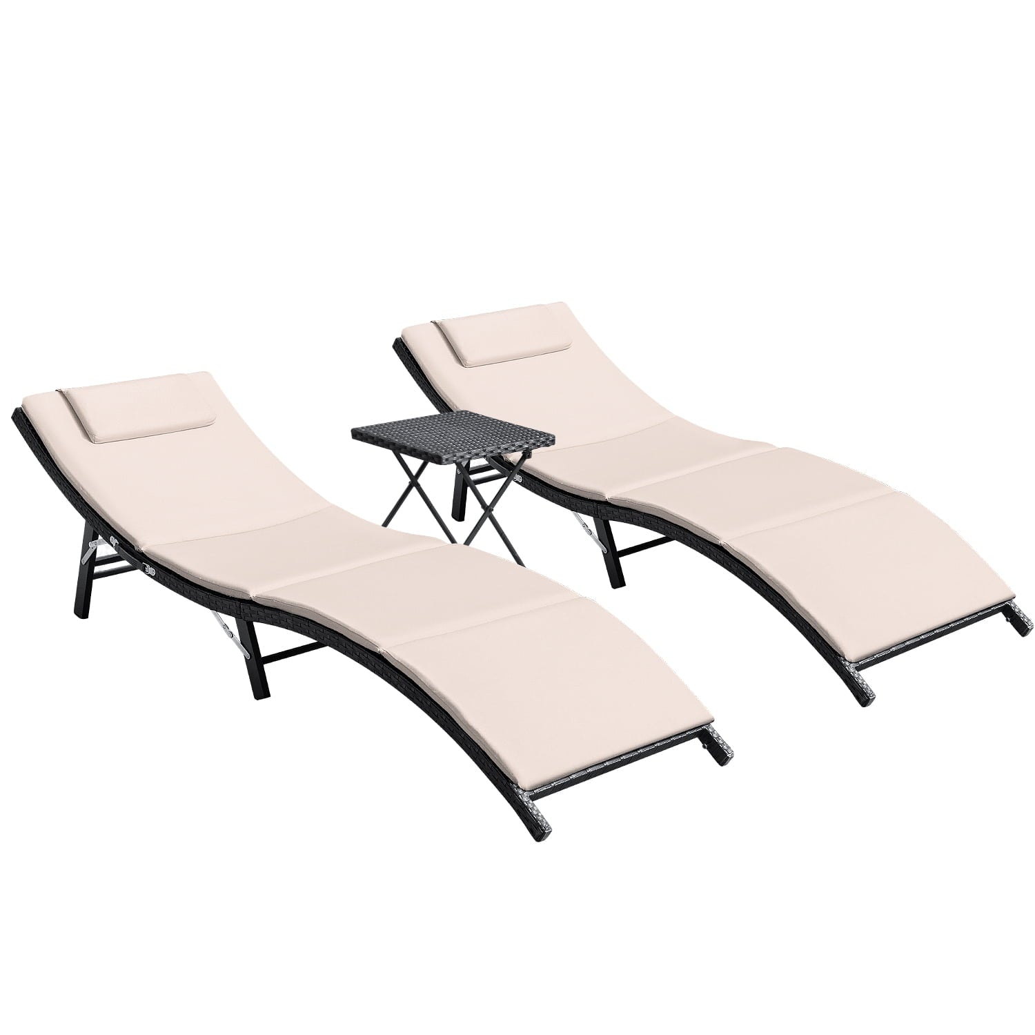 Devoko 3 Pieces Patio Lounge Chaise Chair Set Outdoor PE Rattan Folding Chair Sets with Table, Beige