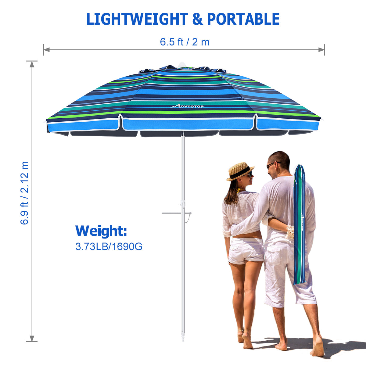 MOVTOTOP 6.5ft Beach Umbrella Striped Sun Shelter UV for Beach Travel